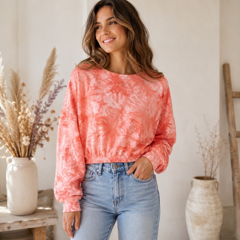 Elodie Coral Tie Dye Cropped Sweatshirt Athleisure Lounge Womens XL Pullover